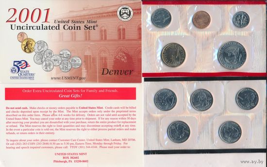 Годовой набор монет США 2001 г. с одним долларом Сакагавея "Парящий орел" двор D (1; 10; 25; 50 центов + 1 доллар) _UNC