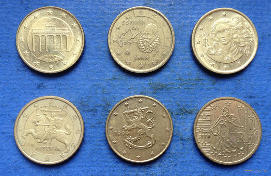 Лот 10 евроцентов (Германия, Испания, Италия, Литва, Финляндия, Франция). Всего 6 монет