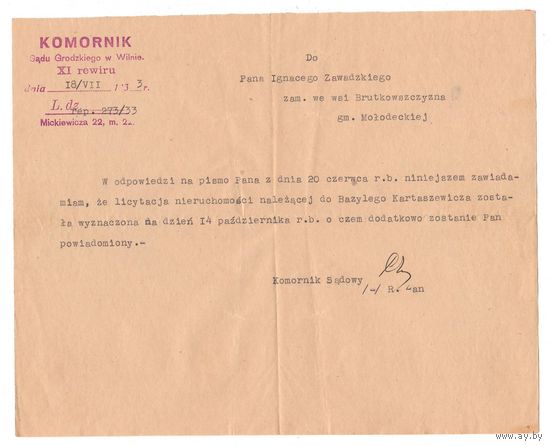 1933 Письмо Вильня Молодечно II РП