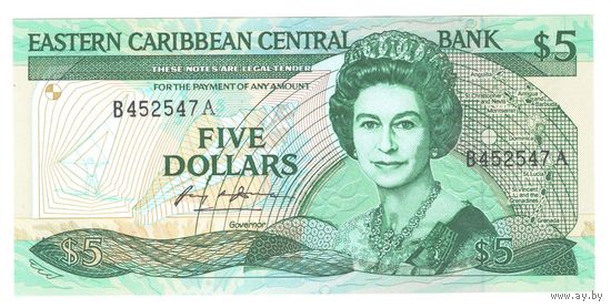 Восточные Карибы 5 долларов 1988 года. Тип Р 22а. Буква А (Антигуа и Барбуда). Состояние UNC!