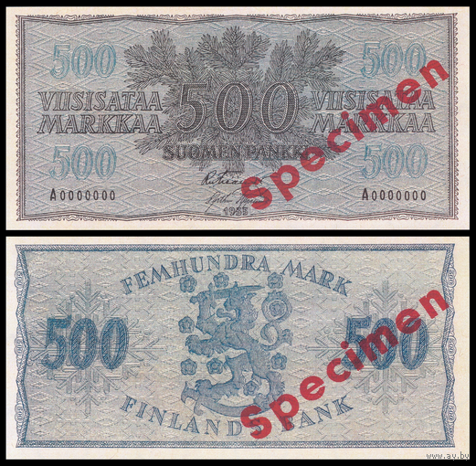[КОПИЯ] Финляндия 500 марок 1955 (образец) водяной знак