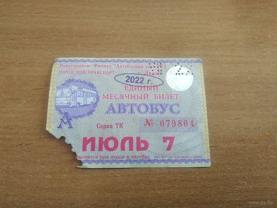 Проездной единый месячный билет. Автобус. Беларусь, Лида, июль месяц 2022 года.