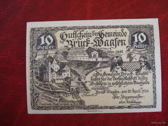 10 геллеров 1920 год Австрия Брюрф-Вэлен (с красной городской печатью!!!)
