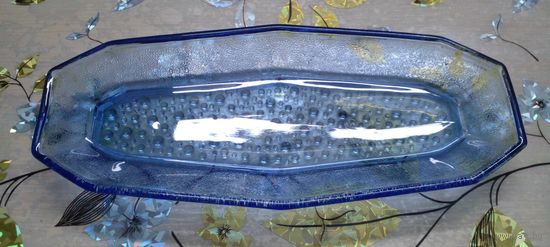 Селёдочница Нёман СССР Пупырышки Синее стекло