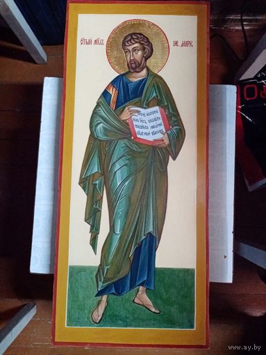 Рукописная икона "Святой апостол Ев. Марк", 53х23х3см. яичная темпера, левкас, золочение.