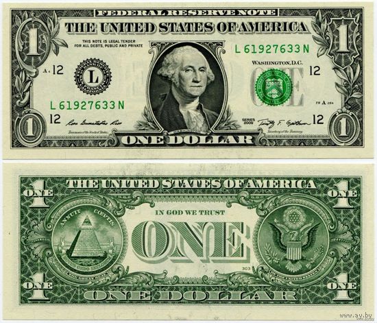 США. 1 доллар (образца 2009 года, L, Калифорния, P530, UNC)