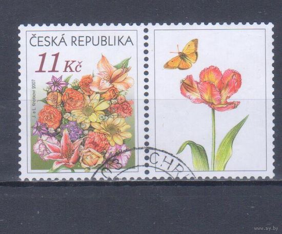 [533] Чехия 2007. Флора и фауна.Цветы.Бабочка. Одиночный выпуск. Гашеная марка с купоном.