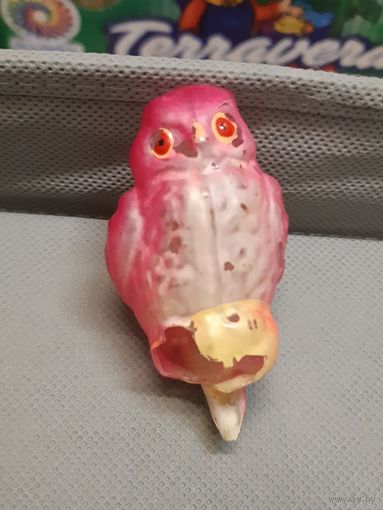 Ирушка ёлочная розовая сова, стекло. Под реставрацию, СССР