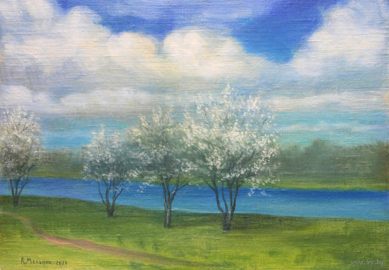 Картина: "Цветущие вишни около Комсомольского озера"
