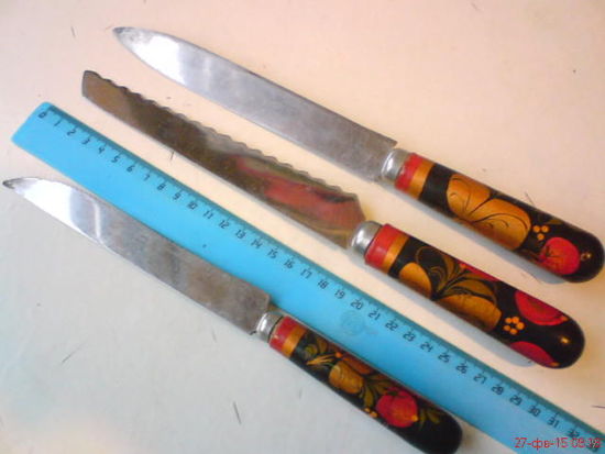 3 ножа с ручками Хохлома и лезвия с знаком качества СССР