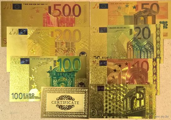 НОВИНКА! Золотые банкноты ЕВРО в цвете + сертификат (сувенир)