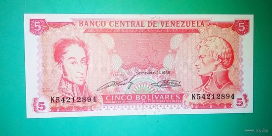 Банкнота 5 боливаров Венесуэла 1989 г.