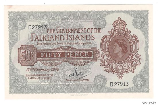 Фолклендские острова 50 пенсов 1974 года. Дата 20 февраля. Тип Р 10b. Состояние UNC!