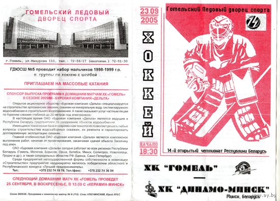 Хоккей. Программа и два билета. Гомель - Динамо (Минск). 2005.