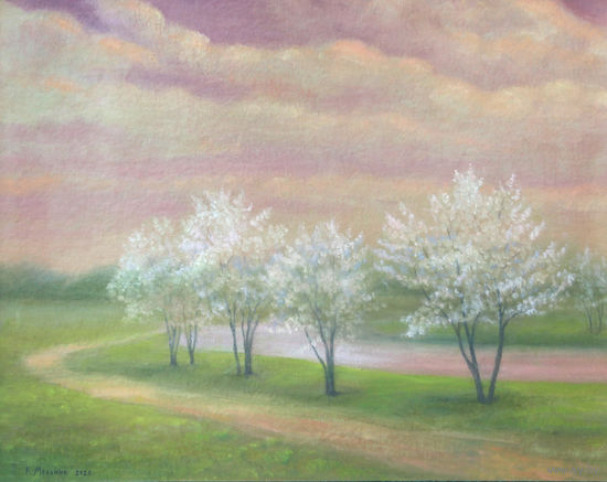 Картина: "Цветущие деревья около реки"