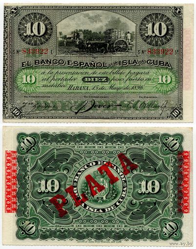 Куба. 10 песо (образца 1896 года, P49d, PLATA, aUNC)