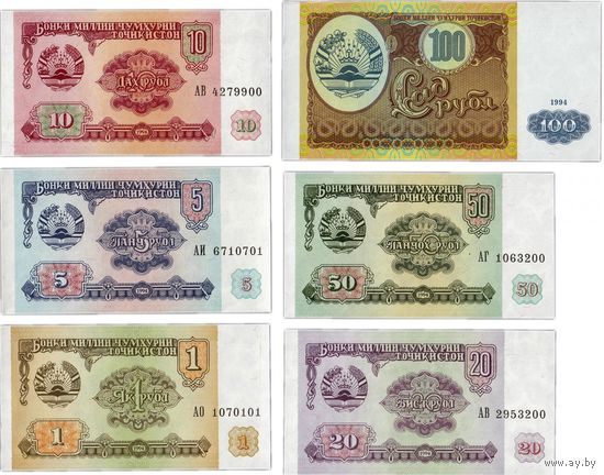 Таджикистан  1, 5, 10, 20, 50, 100  рублей 1994 год  UNC  (Цена за 6 банкнот) Последние три цифры всех банкнот  одинаковы