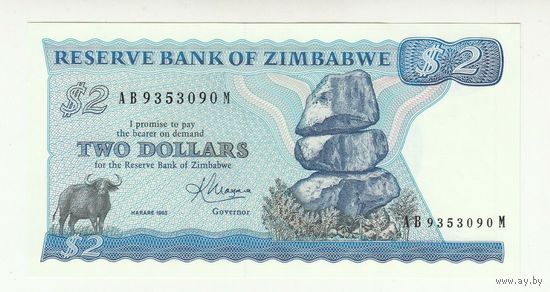 Зимбабве 2 доллара 1983 года. Серия АВ. Подпись K. Moyana. Тип Р 1b. Состояние UNC!