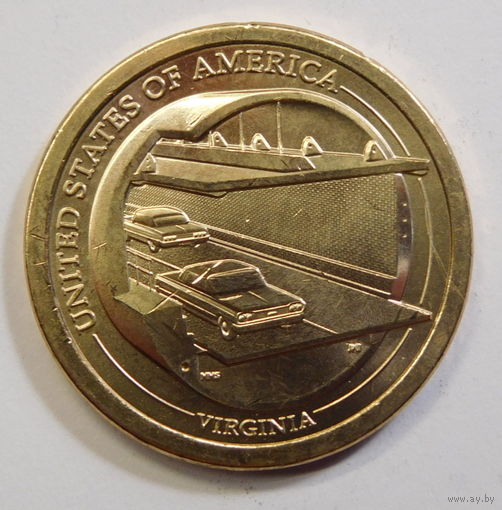 США 1 доллар 2021 Американские инновации Мост-тоннель через Чесапикский залив Вирджиния Двор D и Р 11-я монета в серии.