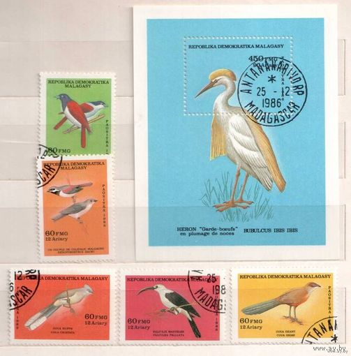 Птицы. Серия 5 марок и блок, 1986г., гаш. Мадагаскар.