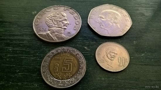 Мексика. 4 монеты одним лотом - 20 сентаво 1978, 5 песо 1976, 5 песо 2005, 10 песо 1977.