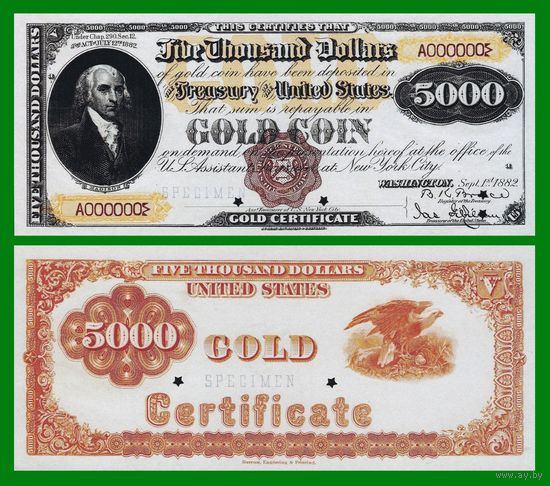 [КОПИЯ] США 5000 долларов 1882 г. Золотой сертификат (Образец).