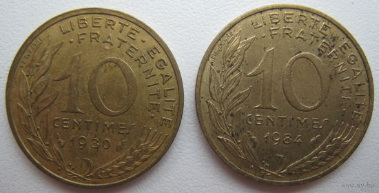 Франция 10 сантим 1980, 1984 г. Цена за 1 шт.