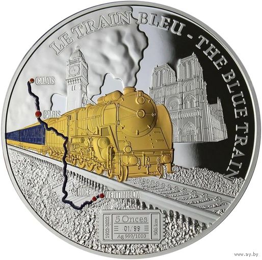 Камерун 5000 франков 2022г. "Поезд: Blue train". Монета в капсуле; деревянном подарочном футляре; номерной сертификат; коробка. СЕРЕБРО 155,50гр.(5 oz).