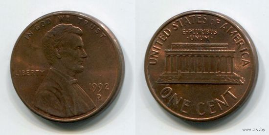 США. 1 цент (1992, буква D, XF)