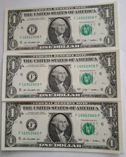 США Комплект 1 доллар 2009г. 3 номера подряд с F 16952958 P UNC Без обращения.