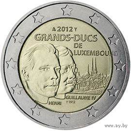 2 евро 2012 г. Люксембург 100 лет со дня смерти Великого герцога Люксембургского Вильгельма IV. UNC из ролла