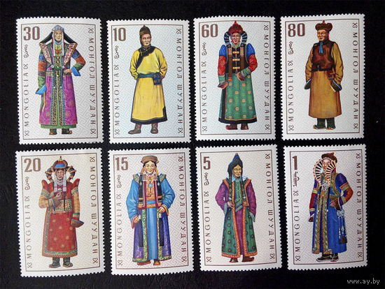 Монголия 1969 г. Национальные костюмы. Культура, полная серия из 8 марок. Чистые #0081-Ч1P9