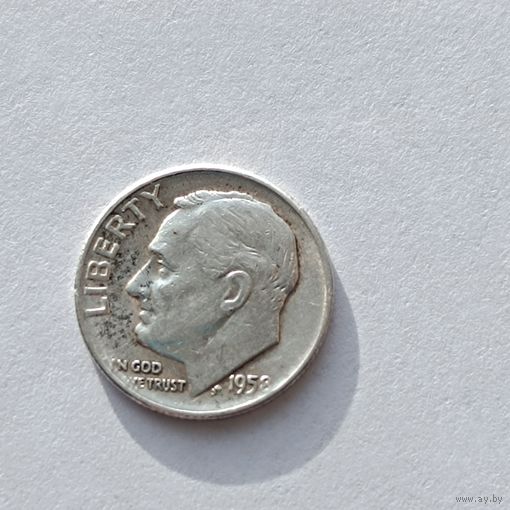 10 центов (дайм Франклина Рузвельта) США 1958 года, серебро 900 пробы. Монета не чищена. 23