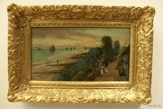 Картина антикварная Пейзаж Закат в Фолкстоне. 19 век. Великобритания. Холст, масло