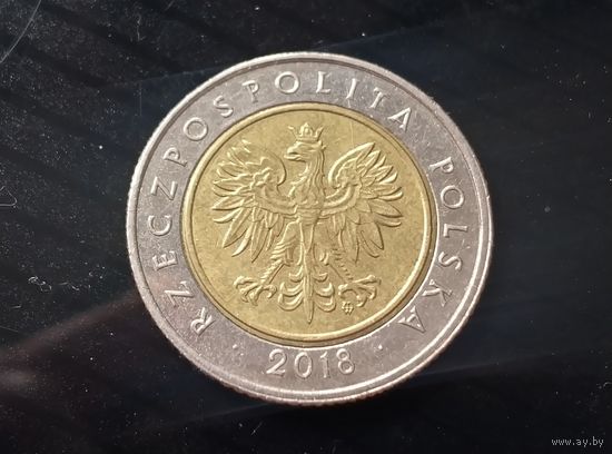 5 злотых 2018 года. Польша. 100 лет независимости. Брак.