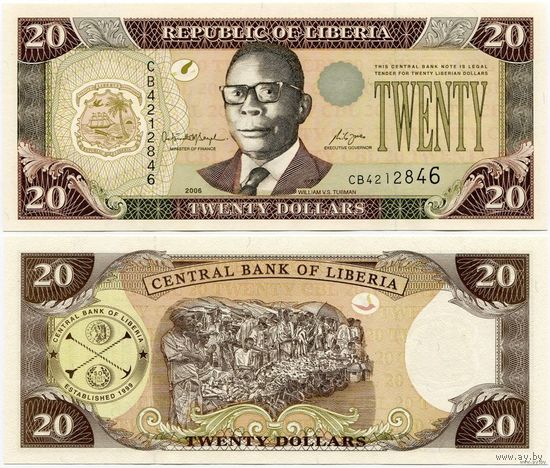 Либерия. 20 долларов (образца 2006 года, P28c, UNC)