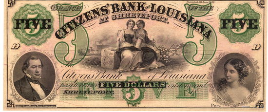 $5 The Citizens' Bank of LOUISIANA at Shreveport Note, 1800's, UNC. Не частые!