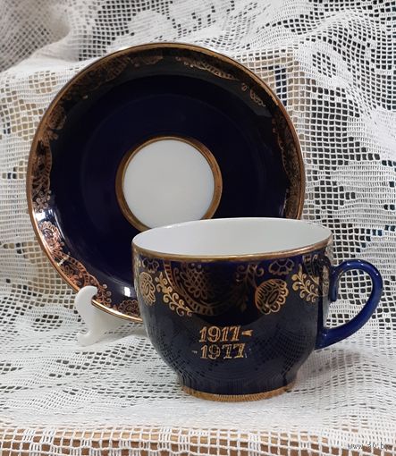 Чашка с блюдцем (чайная пара) Кружевной Юбилей. ЛФЗ, СССР