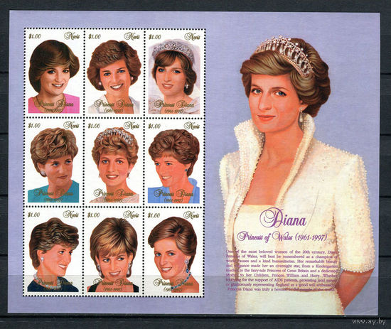 Невис - 1998 - Принцесса Диана - малый лист - [Mi. 1158-1166] - полная серия - 9 марок. MNH.