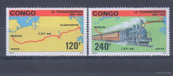 [1258] Конго 1991. 100-летие Трансссибирской железной дороги.Поезда.Паровозы. СЕРИЯ MNH. Кат.5 е.