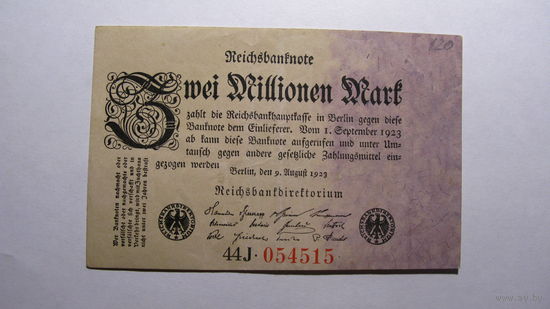 Германия Ro102a . 2 миллиона марок 1923 г. (6 цифр в номере. Серия перед номером - чёрный цвет )