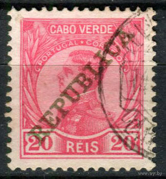 Португальские колонии - Кабо-Верде - 1912 - Король Мануэл II и надпечатка REPUBLICA 20R - [Mi.104] - 1 марка. Гашеная.  (Лот 140AS)