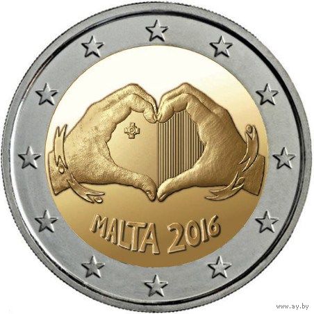 2 евро 2016 г. Мальта  Любовь. UNC из ролла