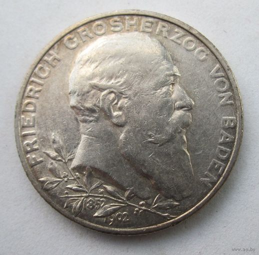 Баден 2 марки 1902 серебро   .28-300