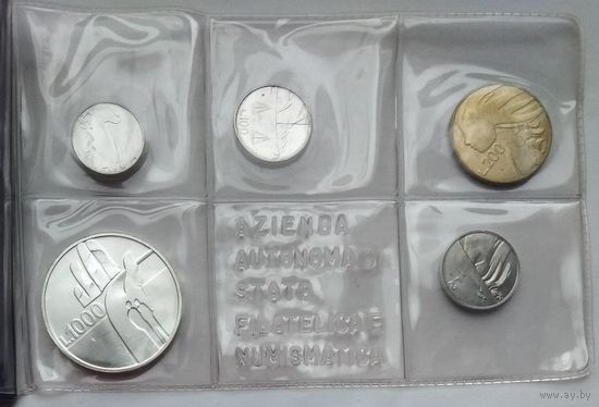 Сан-Марино 1, 2, 5, 10, 20, 50, 10, 200, 500, 1000 лир 1990 г. Годовой набор с серебром в банковской упаковке