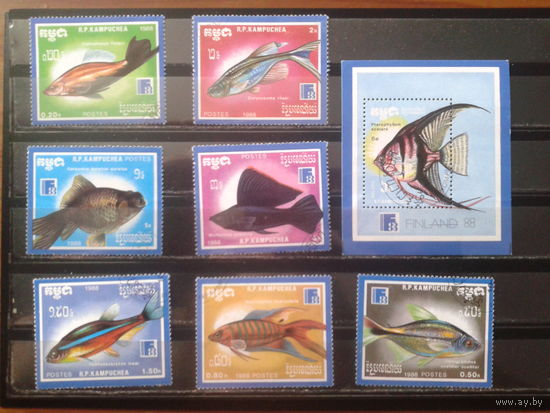 Камбоджа 1988 Рыбы Полная серия с блокои