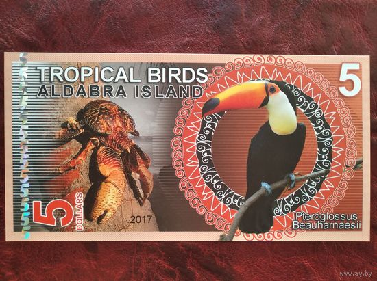 5 долларов о. Альдабра Сейшелы 2017 г. "Тропические птицы".