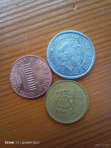 Восточные карибы 2 цента 2002, США 1 цент 2008 Д, Марокко 10 центов 2002-20