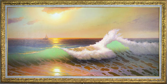 Картина маслом "Морская гармония" в багетной раме. 64*140см