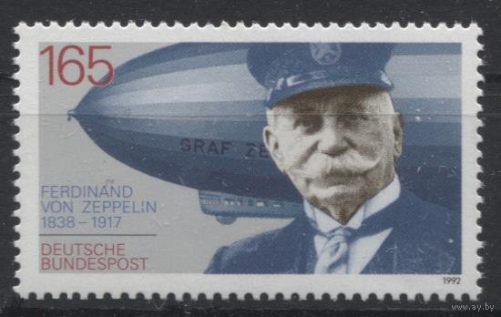 Германия 1992 год. 75 лет со дня смерти Фердинанда Графа фон Цеппелин. Авиация. Дирижабль. **